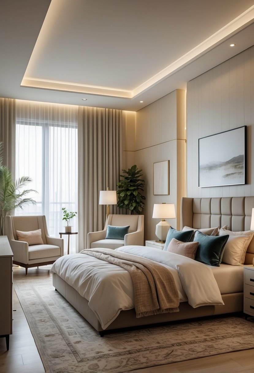 A spacious bedroom with a large bed, bedside tables, a reading nook, and natural light coming through windows.