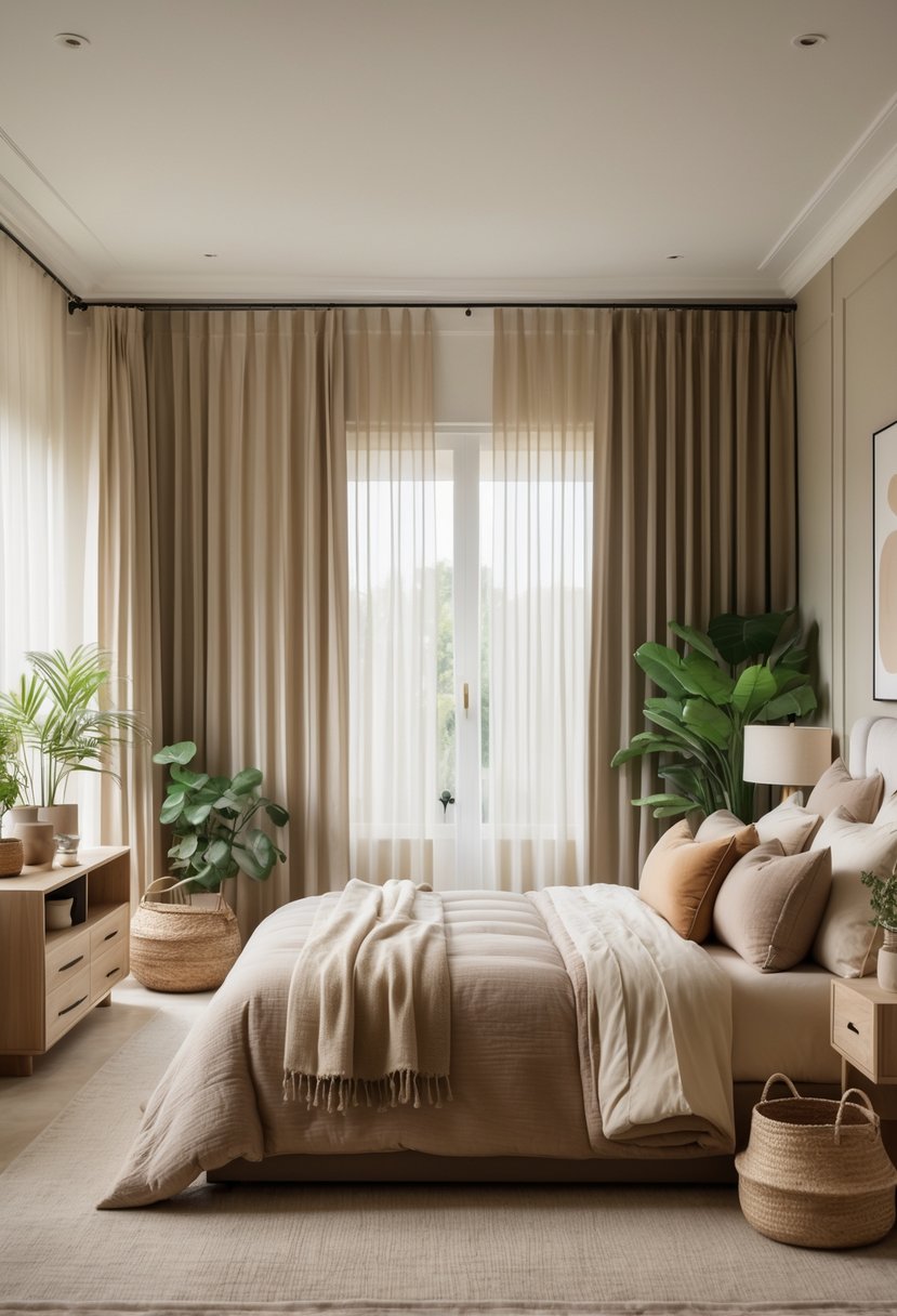 A spacious bedroom with a neatly made bed, soft natural lighting, wooden furniture, and calming earth tone colors.