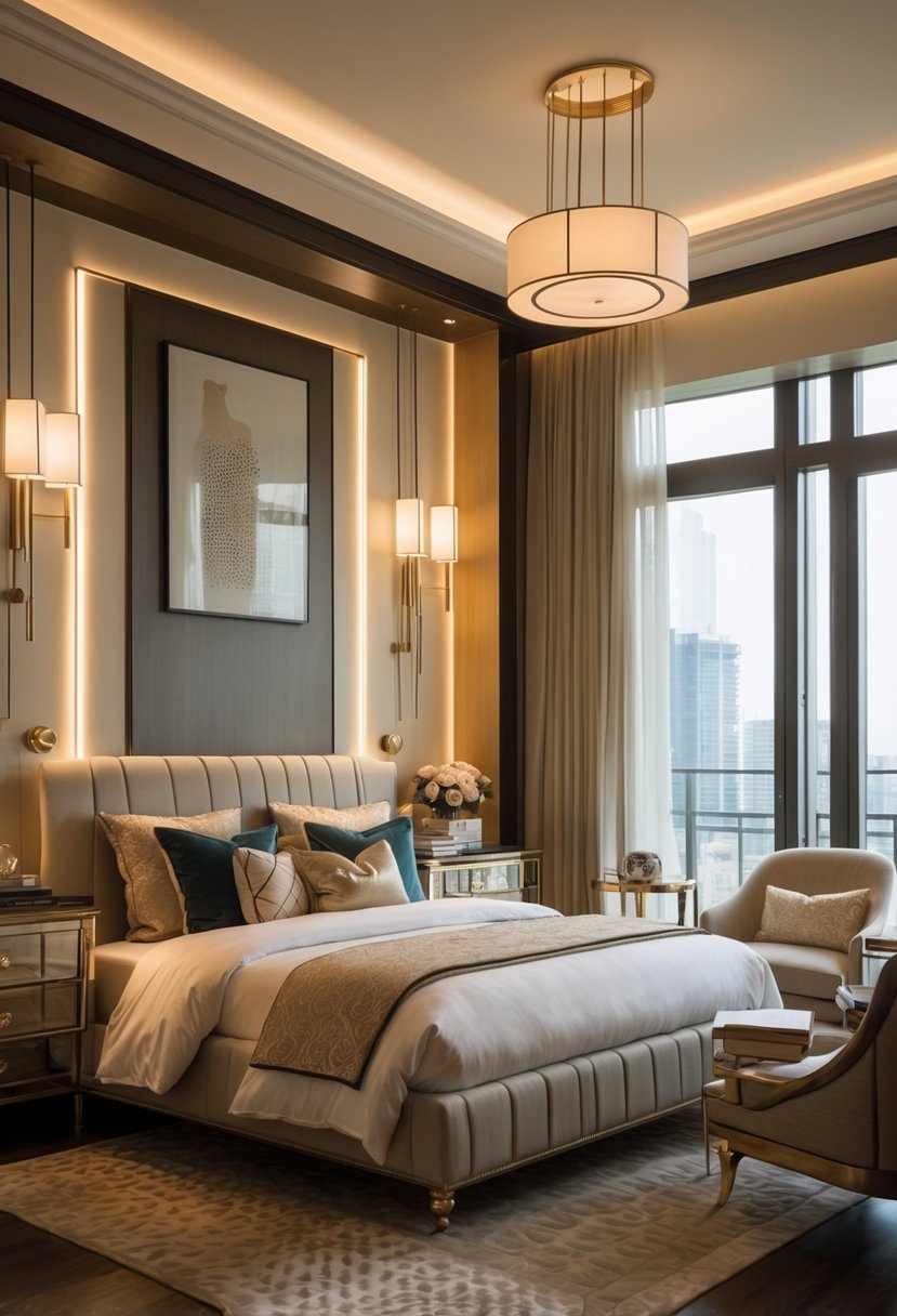 A well-lit bedroom featuring wall sconces and pendant lights, with a bed, bedside tables, and comfortable seating.