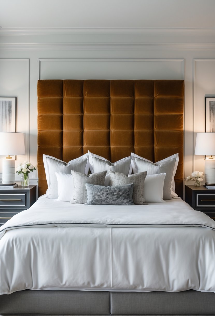 A bedroom with a large upholstered headboard, a neatly made bed, bedside tables, and soft lighting.