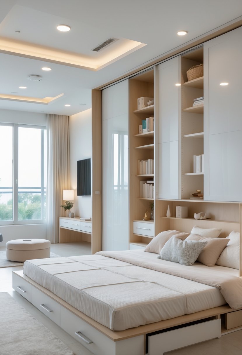 A modern bedroom with multifunctional furniture featuring built-in storage drawers, shelves, and cabinets, creating a neat and organized space.