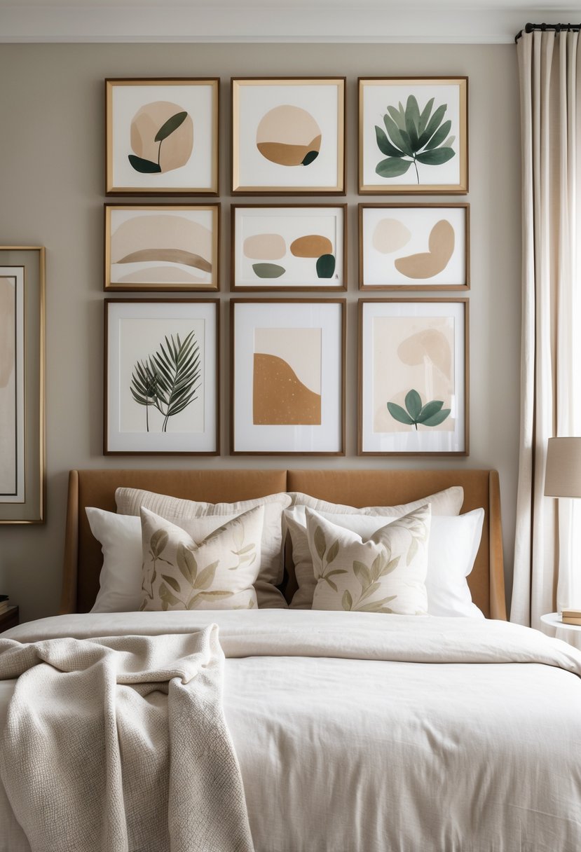 A bedroom with a neatly made bed and a collection of framed wall art arranged above the headboard.