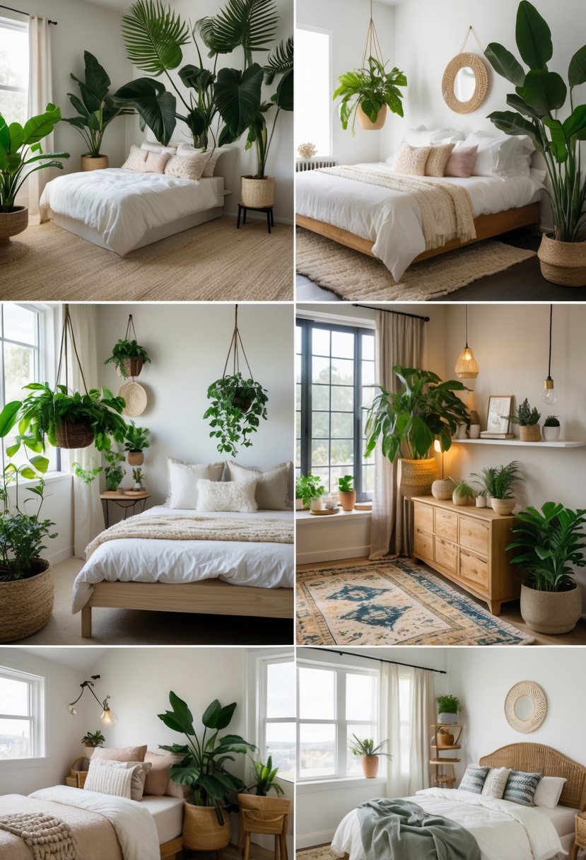 Nine bedrooms each decorated with indoor plants placed on furniture and windowsills, showing different styles and cozy arrangements.