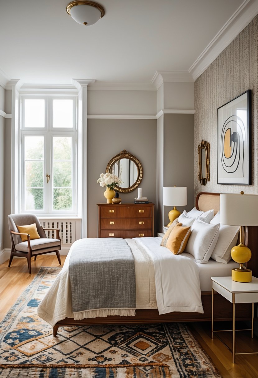 A bedroom with a bed, dresser, nightstand, chair, and window, decorated with a mix of old and new furniture and decor.