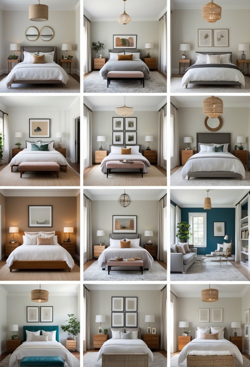 Nine different bedrooms arranged in a grid, each with unique furniture, bedding, and decor creating a harmonious and inviting atmosphere.