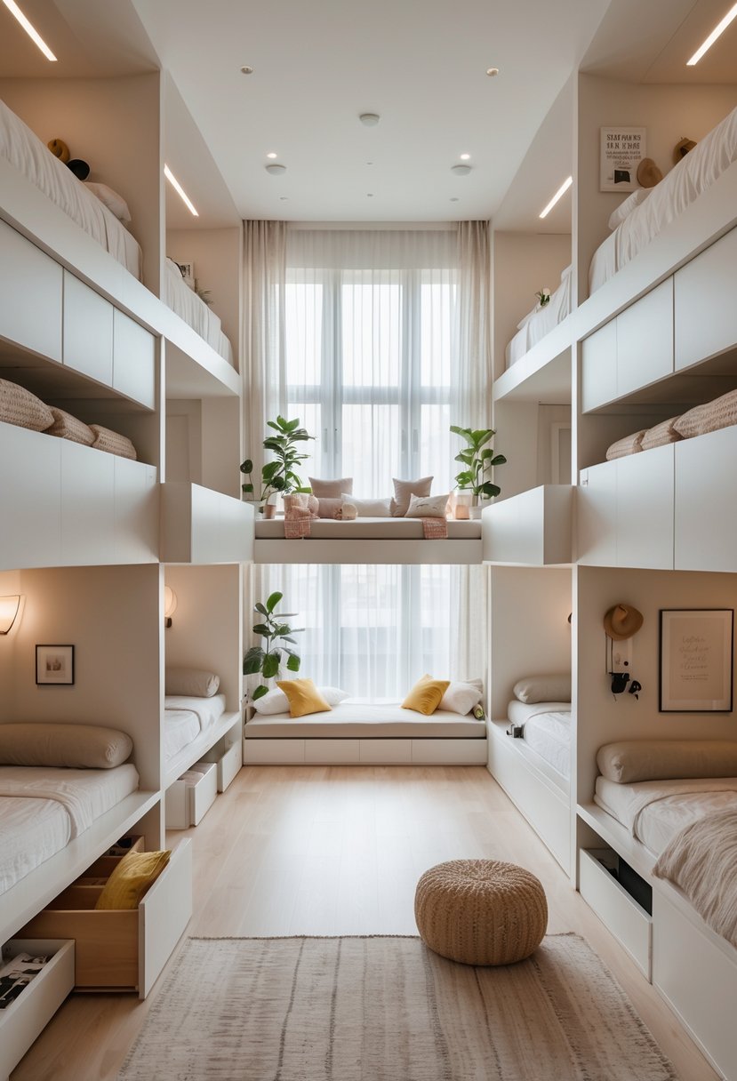 A bright and spacious interior showing multiple bedrooms with smart furniture and storage solutions to maximize space and functionality.