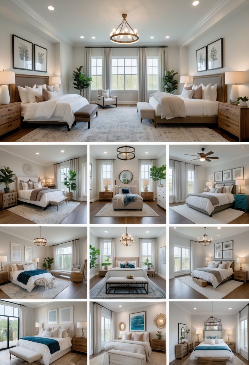 Multiple bedrooms in a large house, each decorated differently with beds, furniture, and decor items.