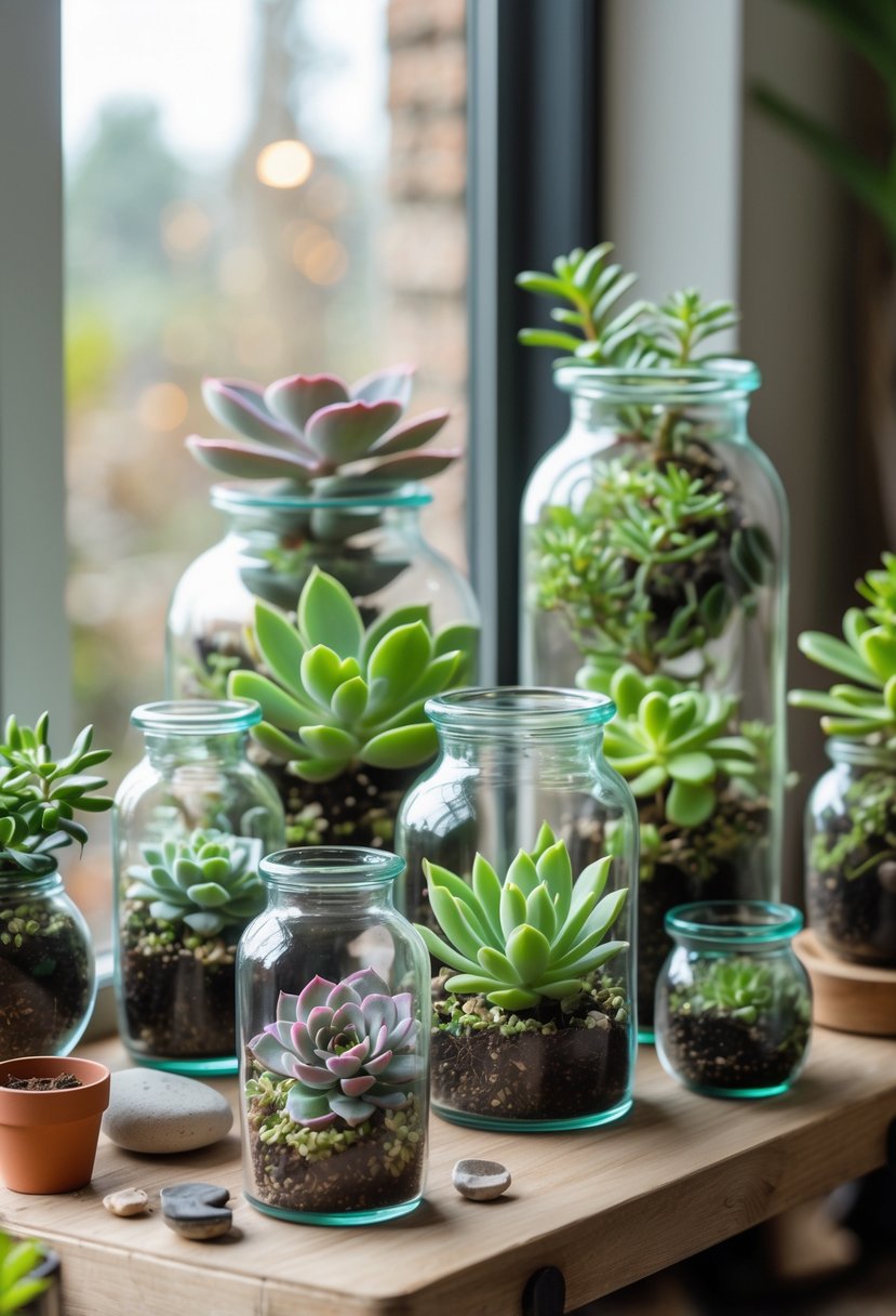Several glass terrarium jars containing different types of succulents arranged on a wooden surface indoors with soft natural light.