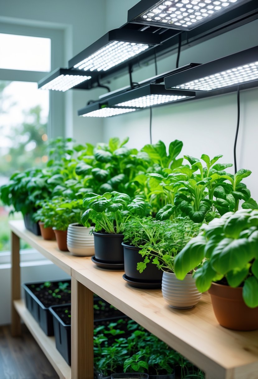 Indoor vegetable garden with various green plants growing under bright grow lights in pots and containers on shelves and a table.