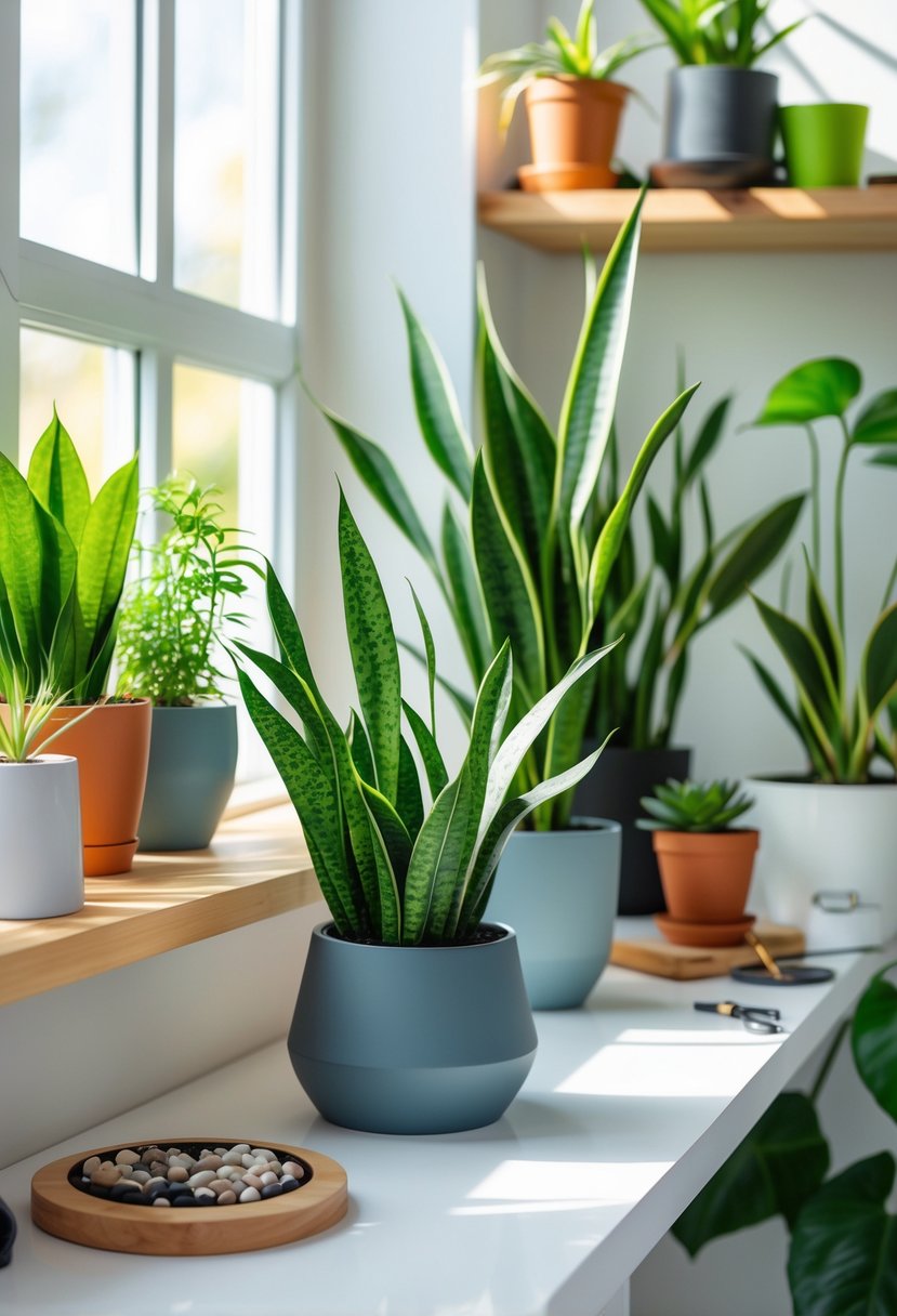 An arrangement of healthy snake plants in pots placed indoors near a window with natural light.