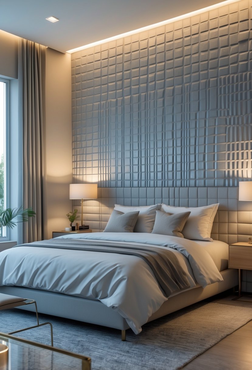 A bedroom with a large bed and textured wall panels behind it, featuring bedside tables with lamps and soft lighting.