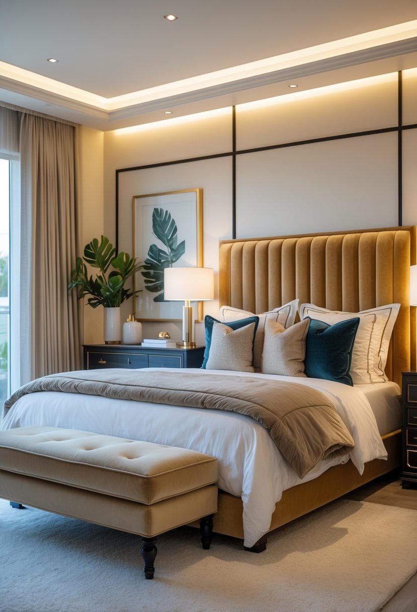 A bedroom with a large upholstered headboard, bedside tables with lamps, and a neatly made bed.