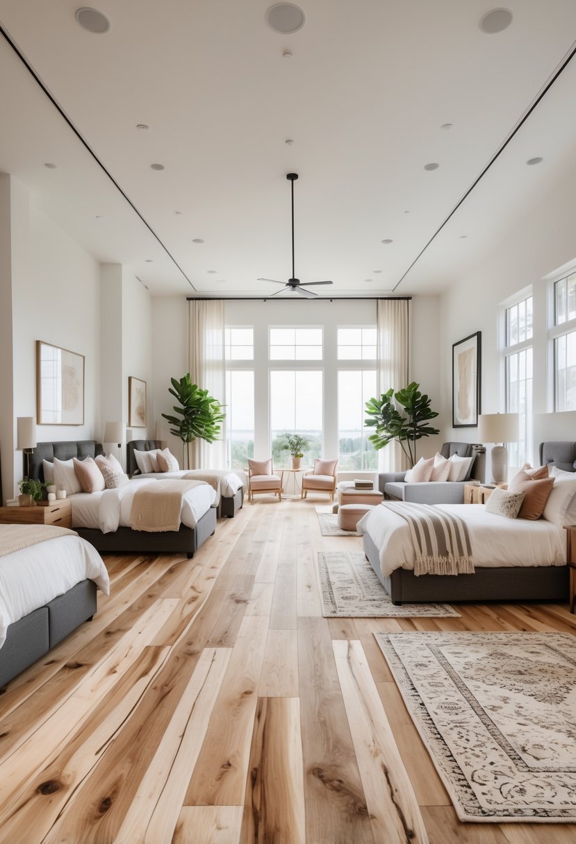 Interior view of a spacious home with natural wood flooring and area rugs in multiple bedrooms filled with furniture and natural light.