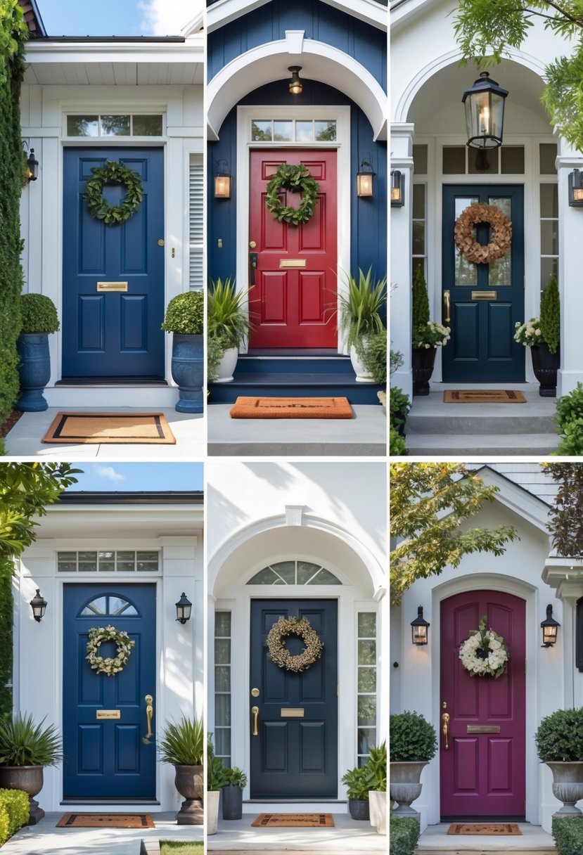Seven home entrances with bold navy blue and deep red front doors, decorated with plants and lighting.