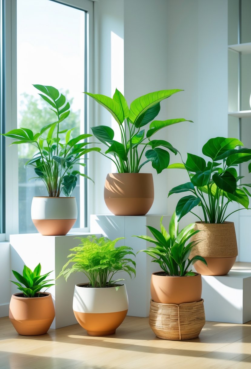 Seven indoor planters with various green plants arranged in a bright room near large windows.