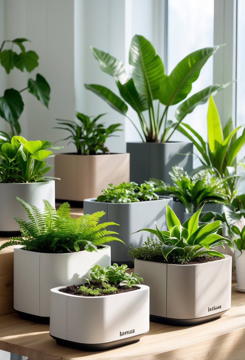 Seven indoor self-watering planters with various green plants arranged on a wooden surface in a bright indoor setting.