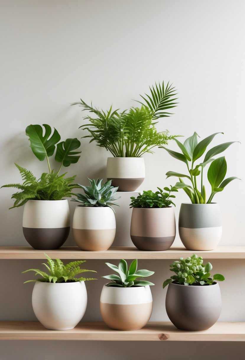 Seven ceramic indoor planters with green plants arranged on a wooden shelf against a plain background.