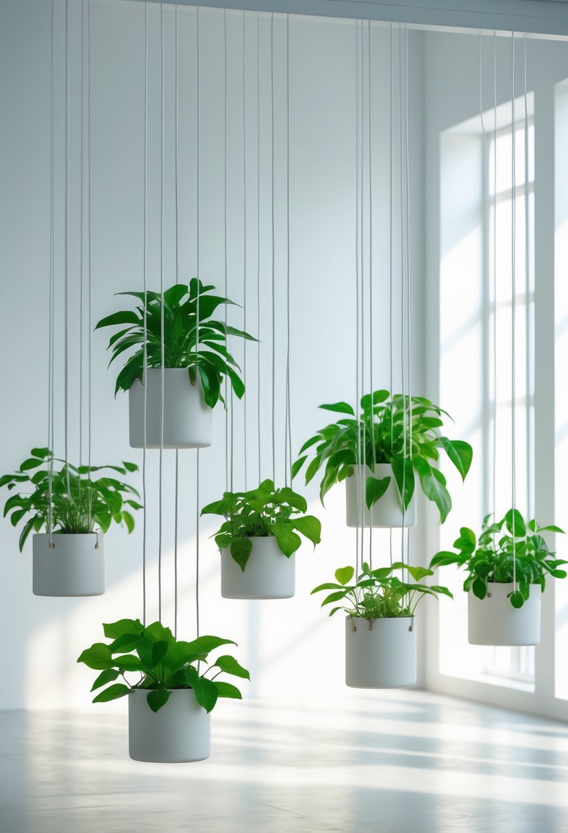 Seven white hanging planters with green indoor plants arranged at different heights in a bright indoor space.