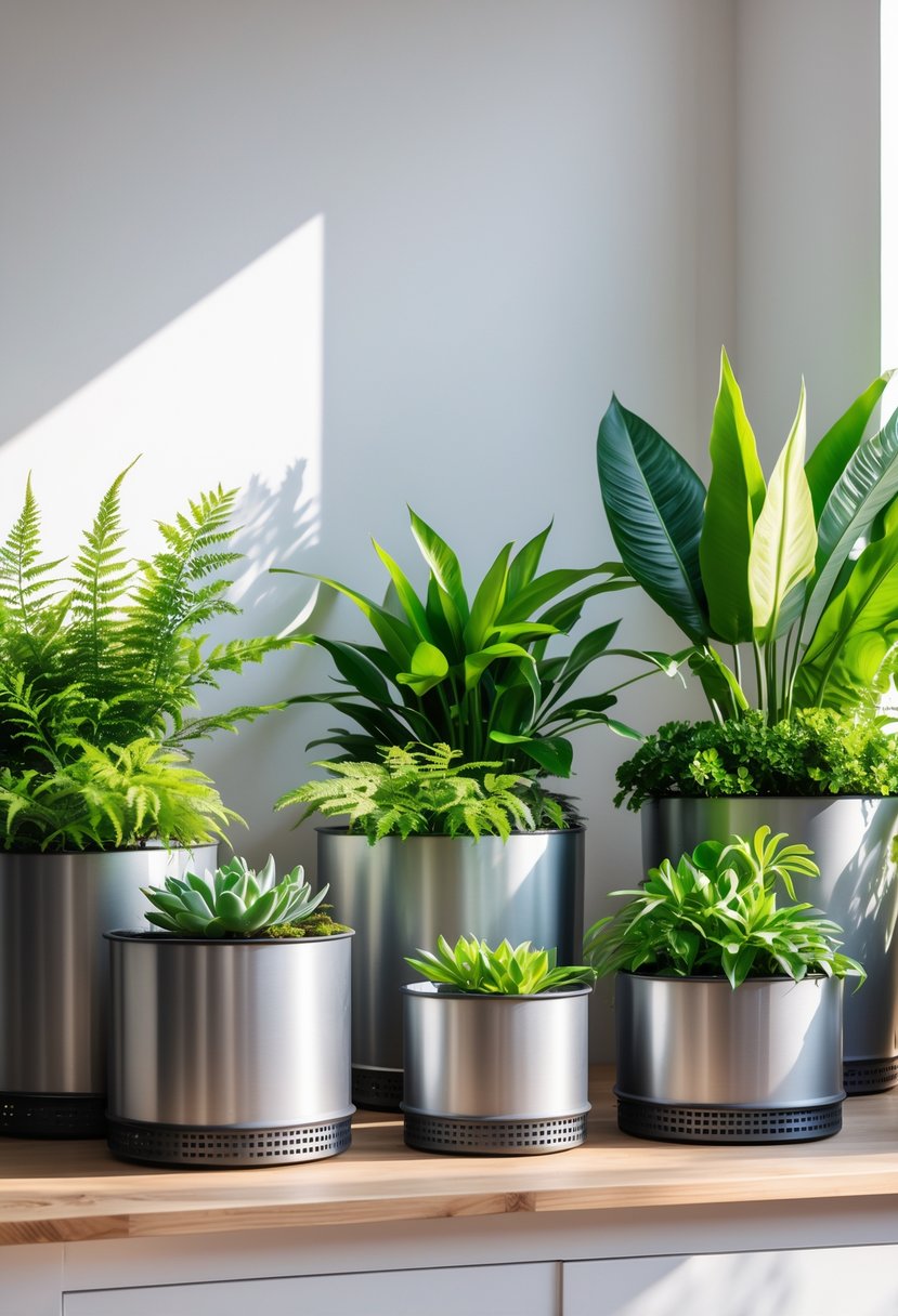 Seven metal indoor planters with various green plants arranged on a wooden surface against a white background.