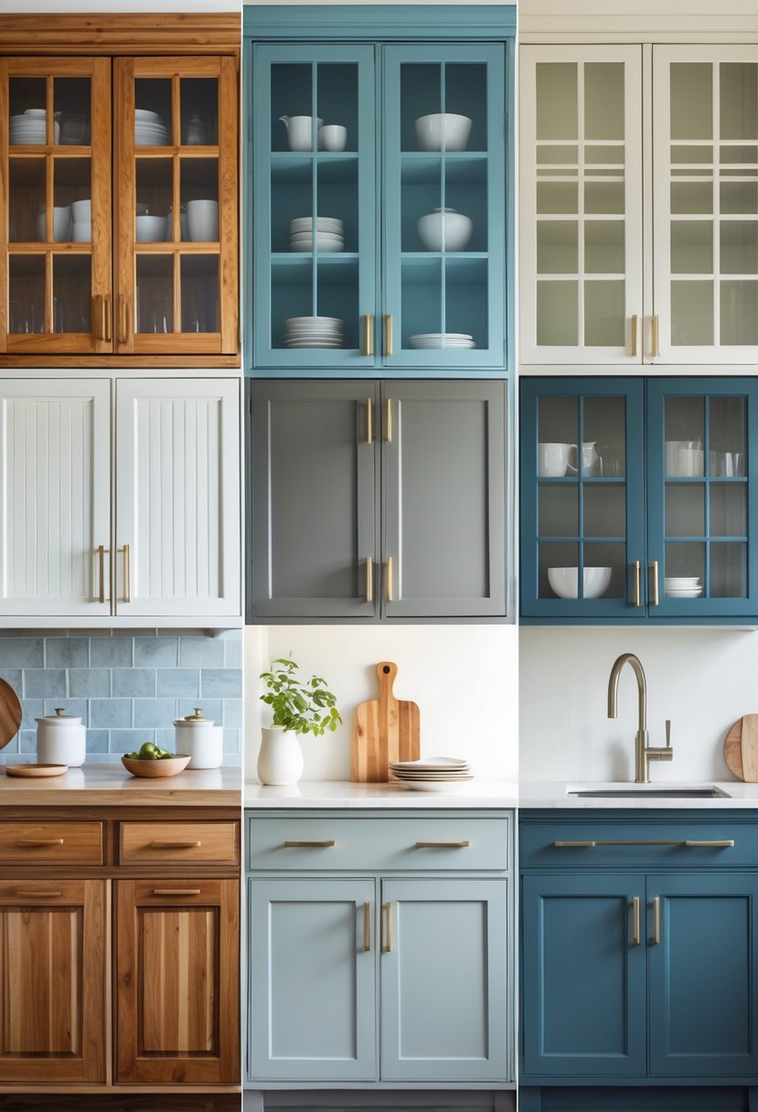 Eight different kitchen cabinets displayed side by side in a modern kitchen environment.