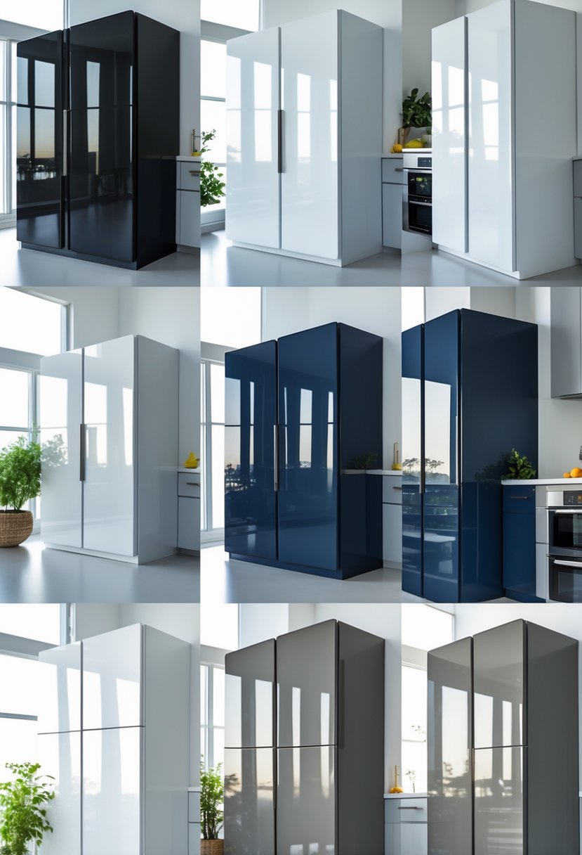 A modern kitchen featuring eight high-gloss cabinets in various colors with clean lines and reflective surfaces.