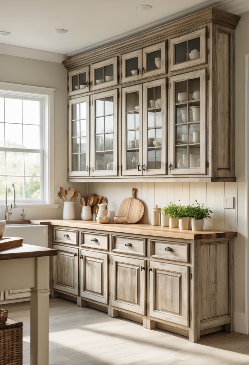 A kitchen interior featuring eight wooden cabinets with various door styles and hardware, arranged along the walls with a countertop and kitchen decor.