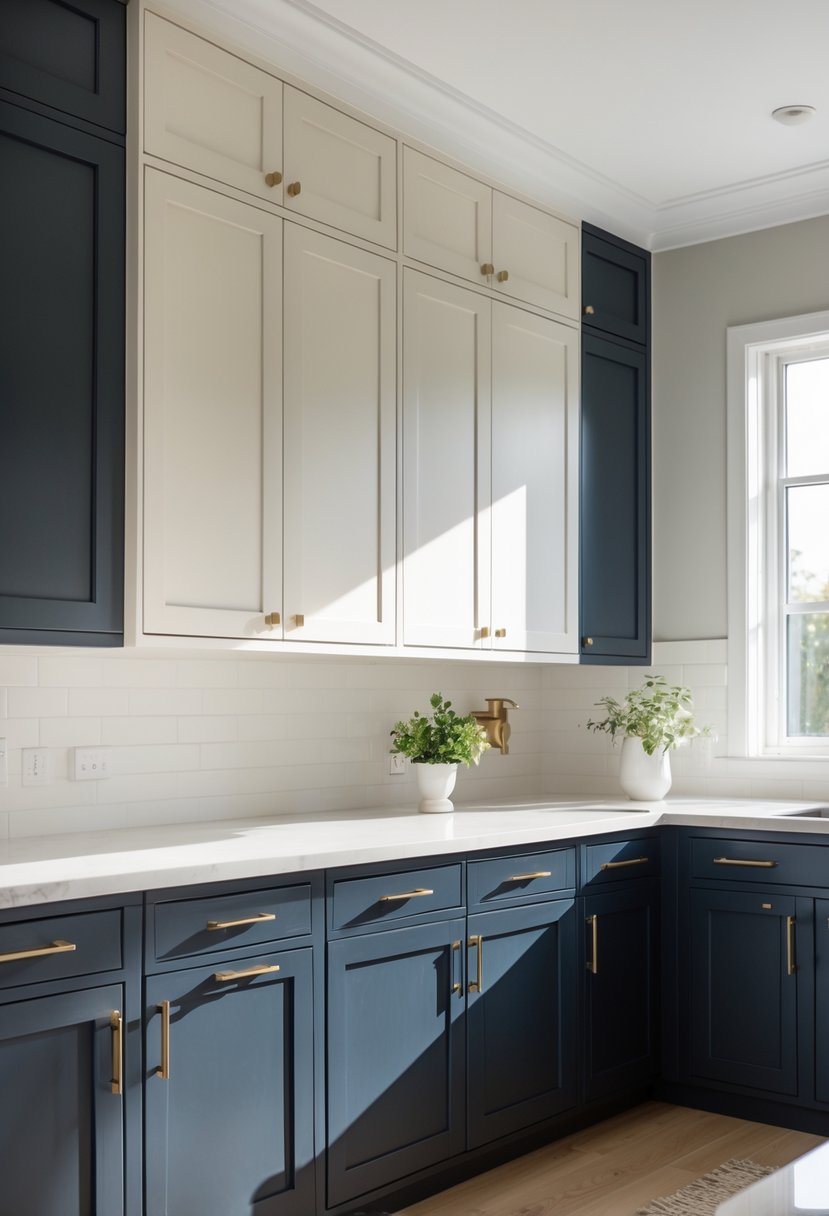 A modern kitchen with eight two-tone cabinets combining light upper cabinets and dark lower cabinets.
