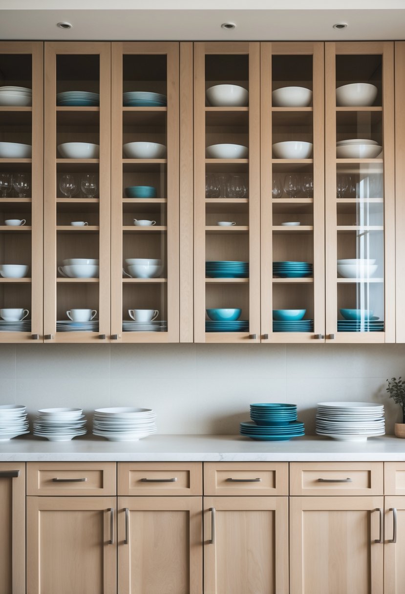 A kitchen with eight glass-front cabinets displaying neatly arranged dinnerware inside.