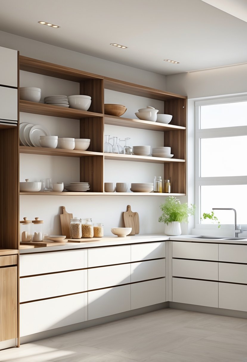 A bright kitchen with open shelves and eight cabinets displaying neatly arranged dishes and kitchen items.