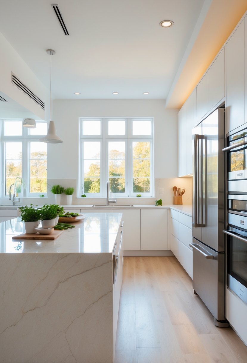 A modern kitchen with white cabinets, a marble island, stainless steel appliances, and natural light coming through large windows.