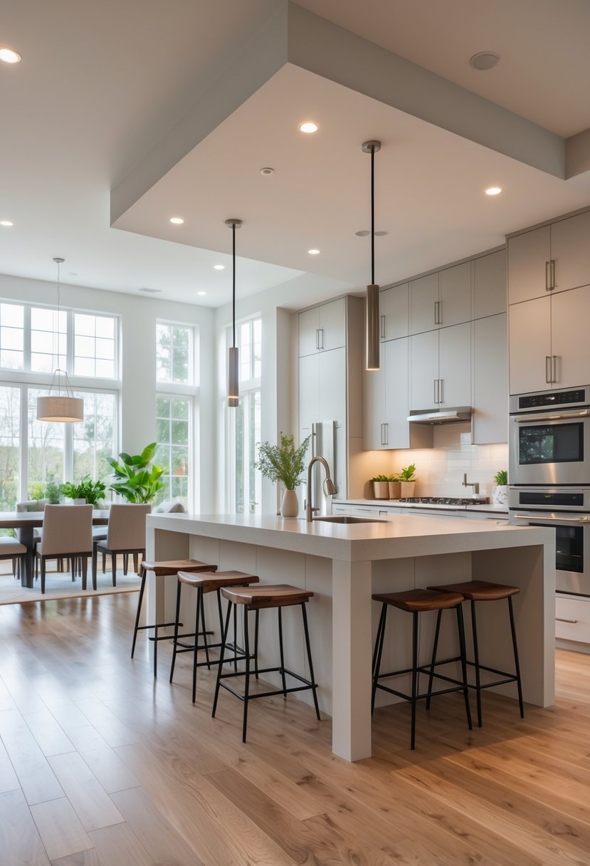 A bright open kitchen with a large island, modern appliances, and an adjoining dining area in a spacious home.