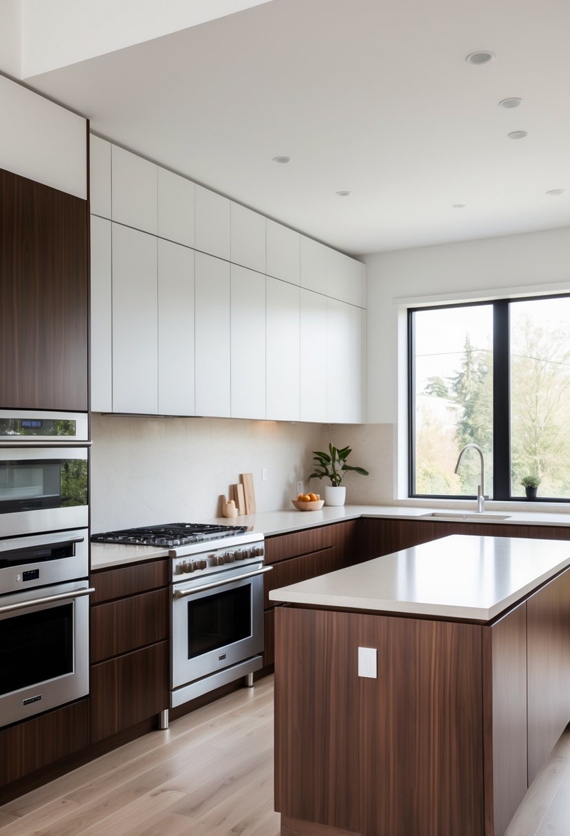 A modern kitchen with white upper cabinets and dark wood lower cabinets, featuring a kitchen island, stainless steel appliances, and natural light from large windows.