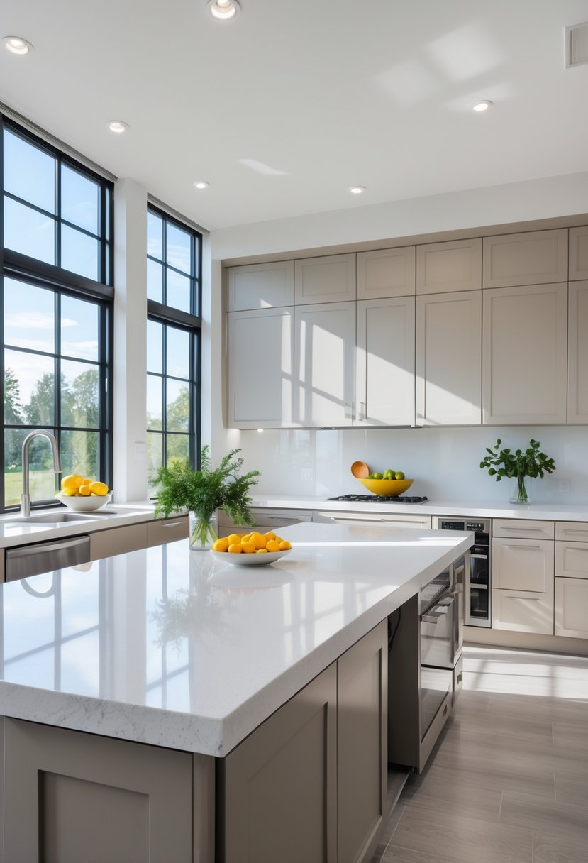 A modern kitchen with white quartz countertops, stainless steel appliances, and natural light coming through large windows.