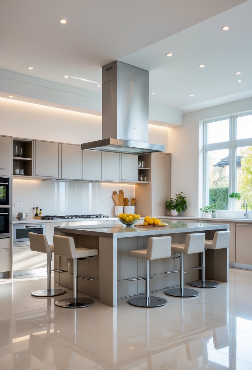 A large kitchen island with seating and storage in a bright, modern kitchen.