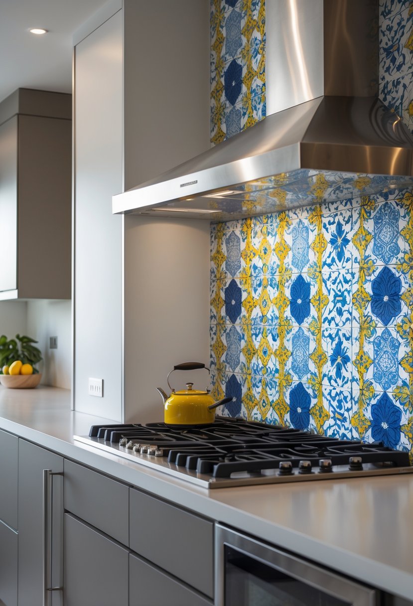 A modern kitchen with a colorful patterned tile backsplash, countertops, and stainless steel appliances.