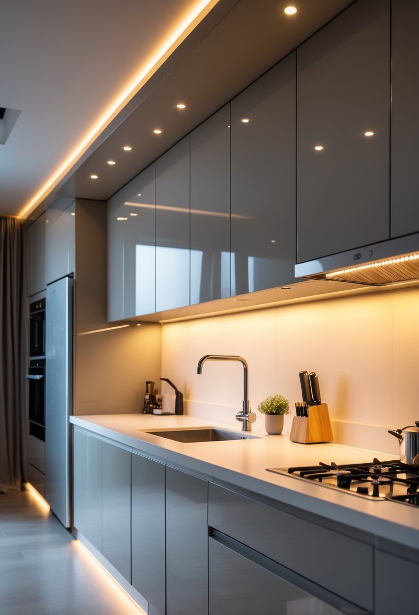 A modern kitchen with LED lights installed under the cabinets, illuminating the countertop and creating a warm atmosphere.