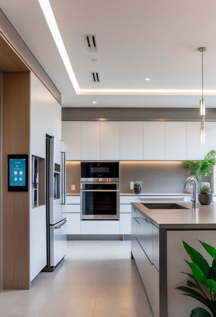 A modern kitchen with integrated smart appliances including a touchscreen refrigerator, built-in oven, and coffee maker, featuring a large island and natural lighting.