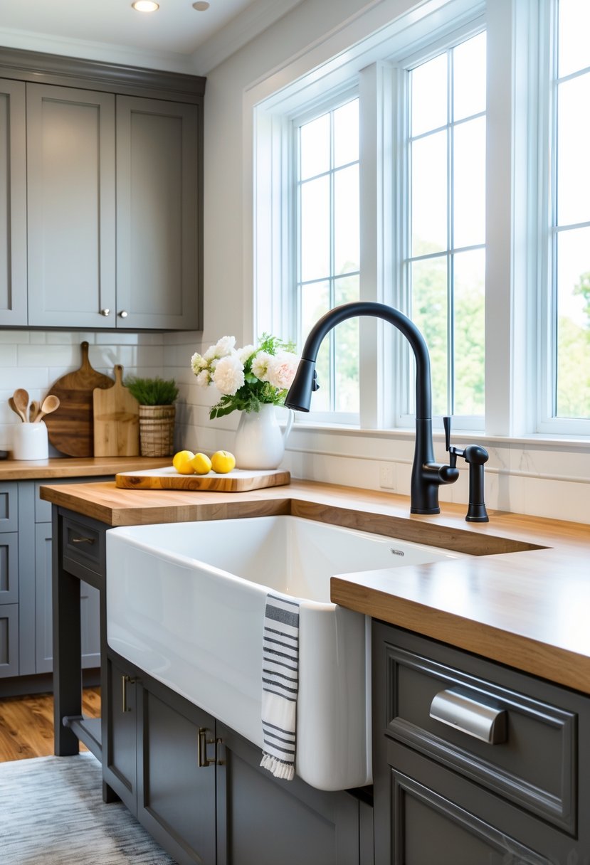 A kitchen with a large white farmhouse sink installed in a wooden countertop, surrounded by cabinets and kitchen accessories.
