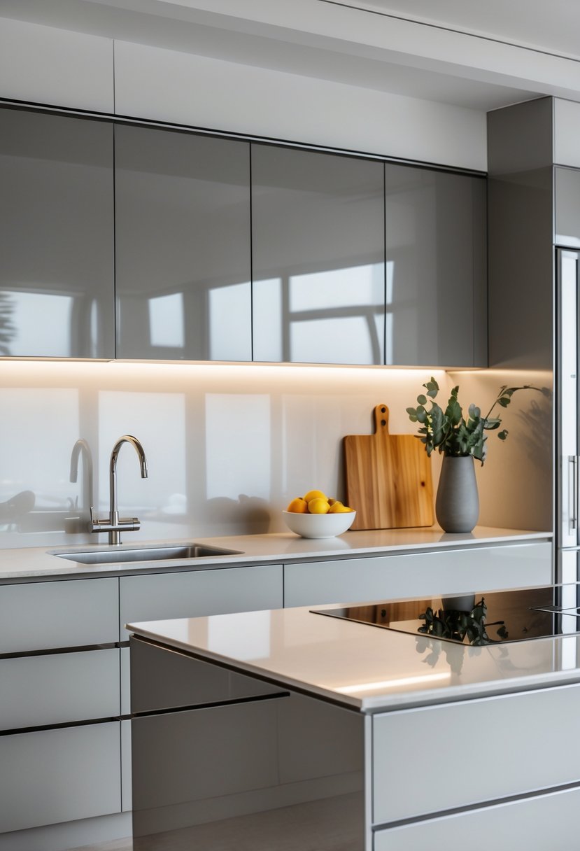 A modern kitchen with cabinets and countertops featuring both matte and glossy finishes, illuminated by natural light.