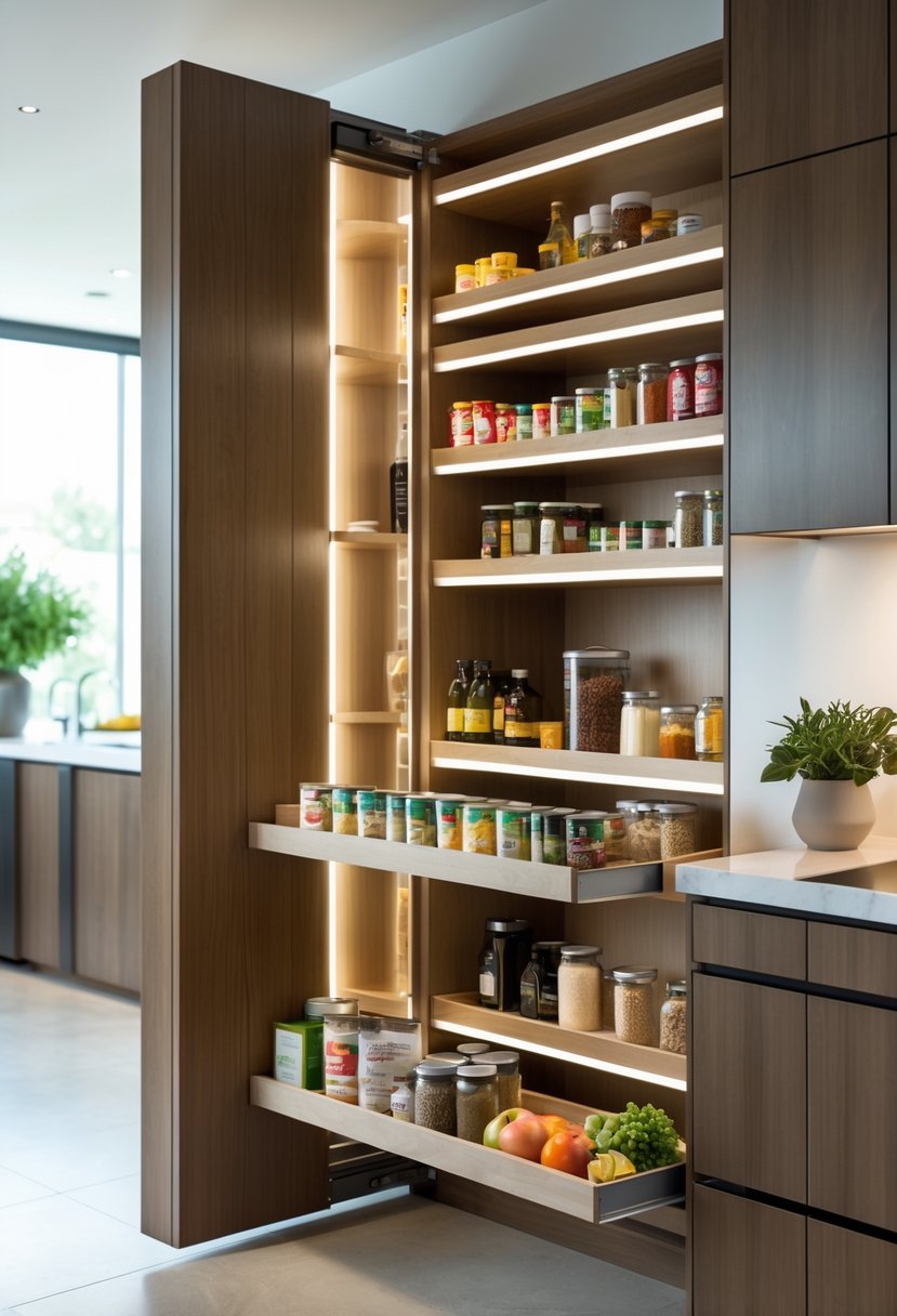 A modern kitchen with pull-out pantry shelves fully extended, displaying organized food items inside wooden cabinets.