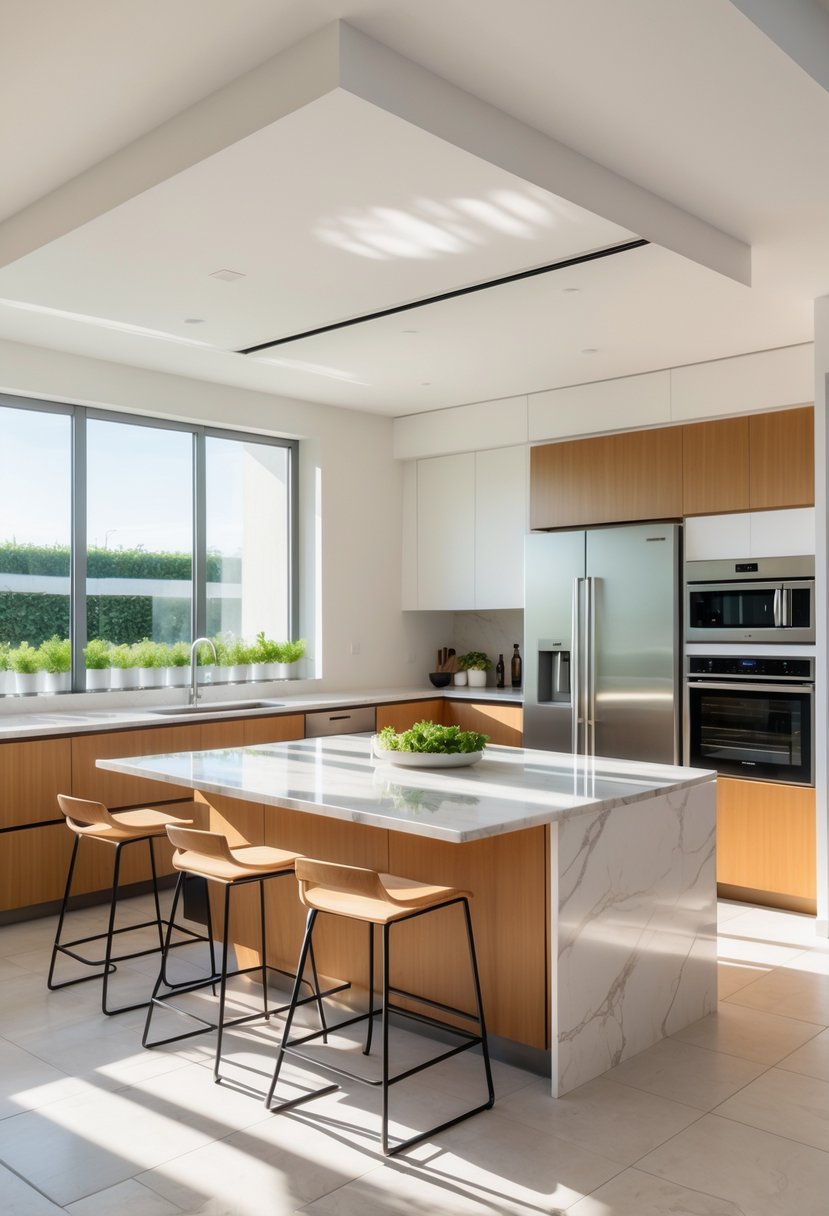 A bright, modern kitchen with a large island, bar stools, cabinets, stainless steel appliances, and natural light coming through windows.