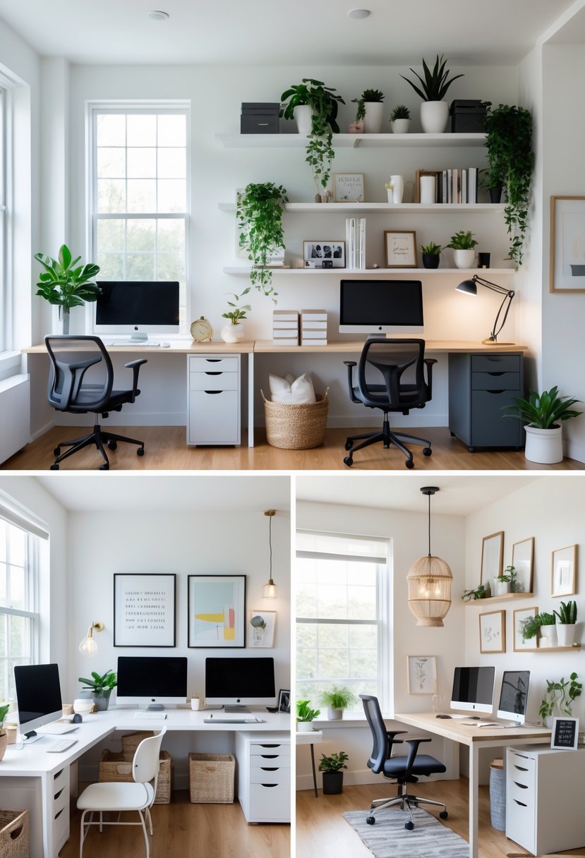 A bright room displaying ten different home office setups with desks, chairs, computers, plants, and shelves arranged neatly.