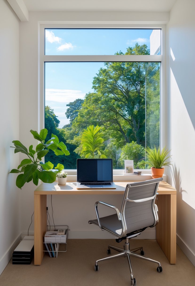 A home office with a desk positioned in front of a large window letting in abundant natural light, with a laptop, plant, and chair in the room.