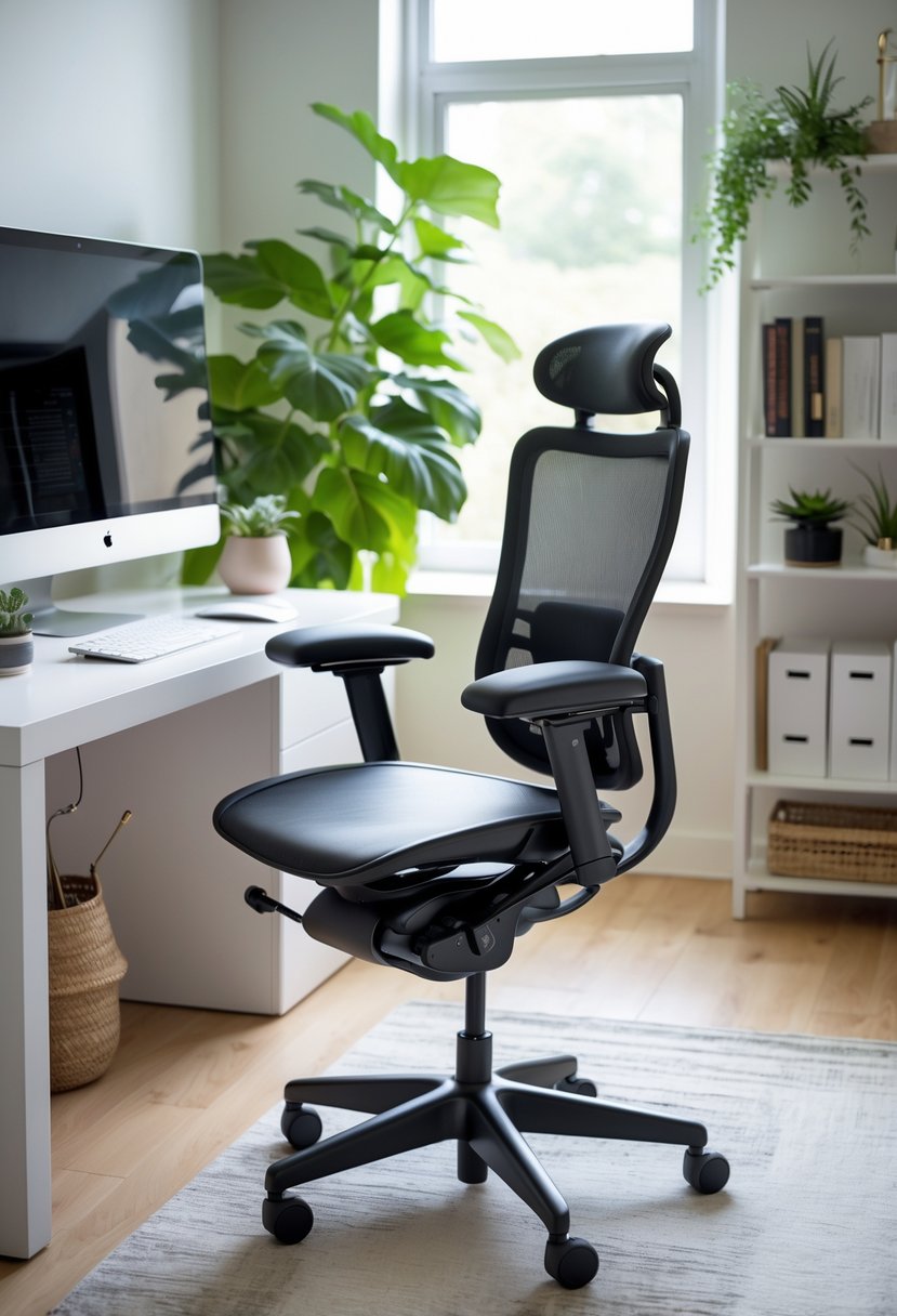 A bright home office with an ergonomic adjustable chair at a desk with a monitor, keyboard, plants, and bookshelves.