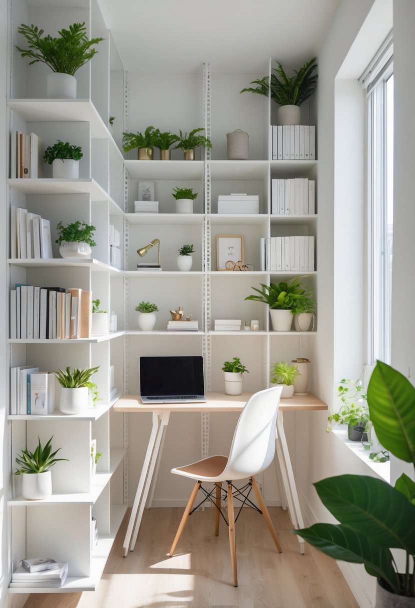 A small home office with vertical shelves filled with books, plants, and office supplies next to a desk with a laptop and chair.