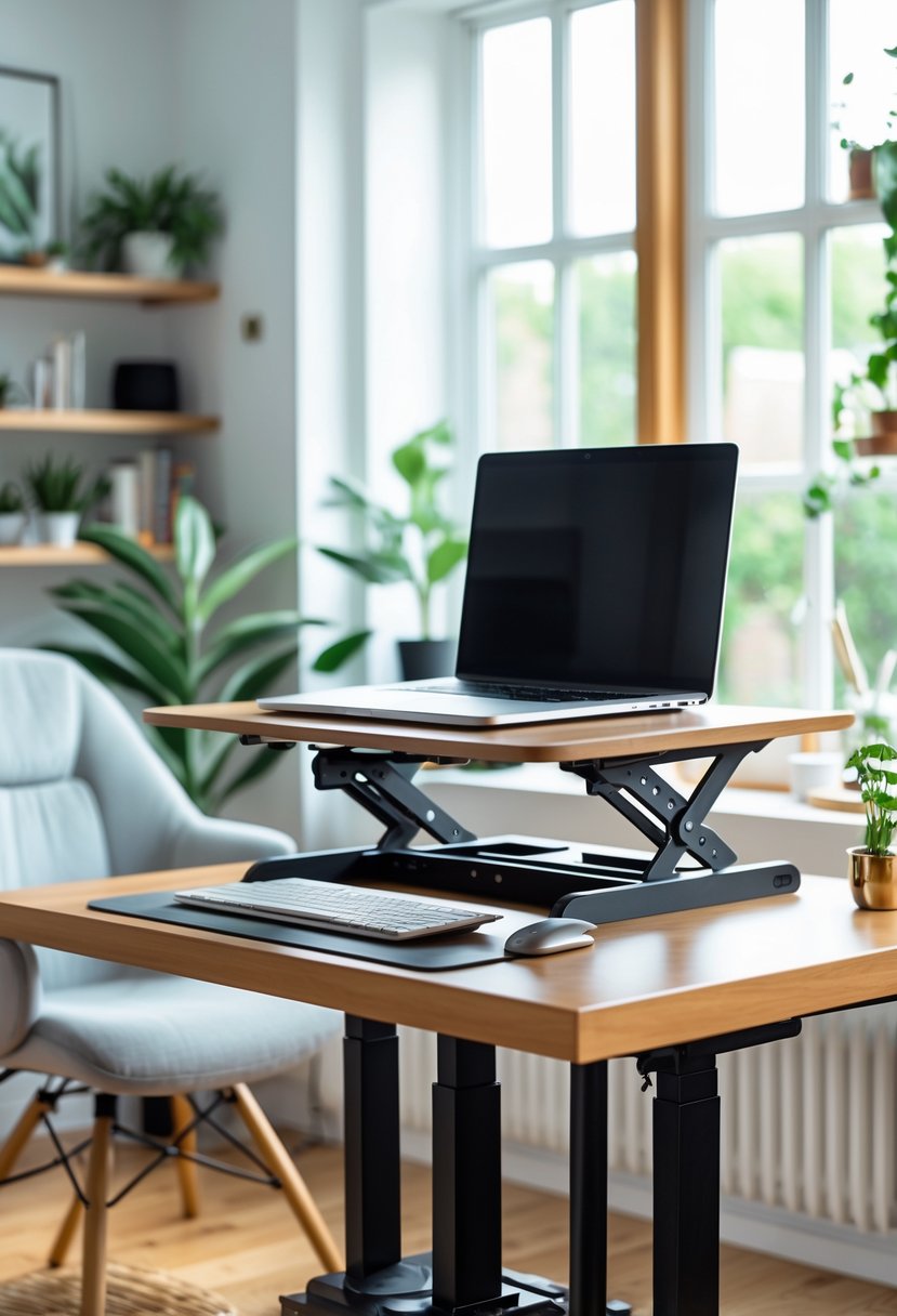 A home office with a standing desk converter on a wooden desk, laptop and keyboard arranged for flexible work postures, natural light, plants, and office chair nearby.