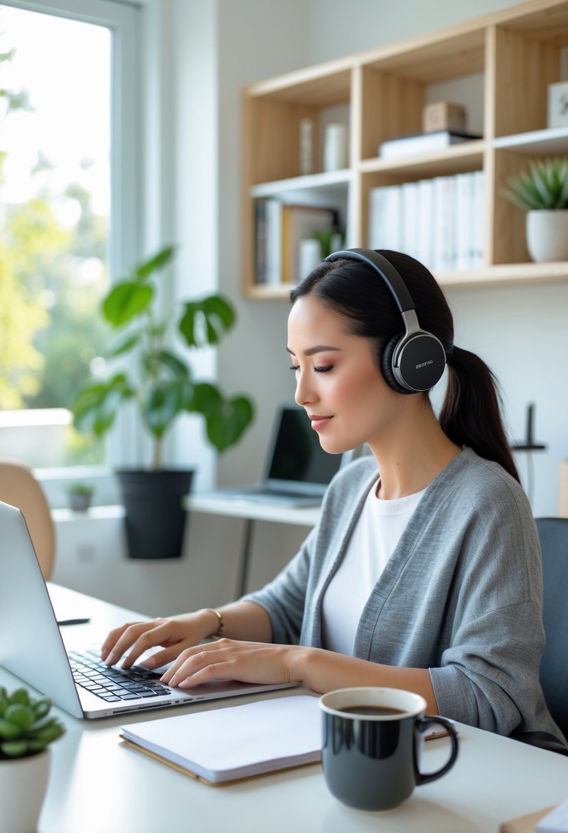 Person wearing noise-cancelling headphones working on a laptop at a tidy home office desk with a plant and natural light.