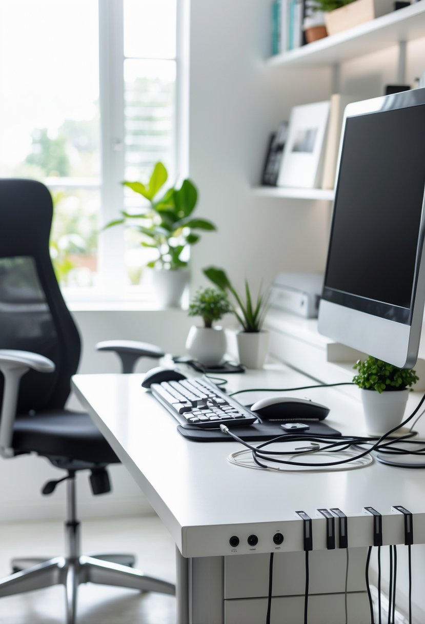 A tidy home office desk with organized cables using cable management systems, a computer, chair, plant, and shelves in a well-lit room.