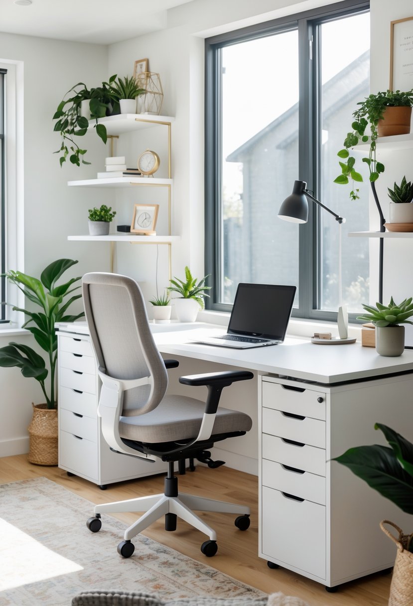 A modern home office with a desk that has built-in drawers, an ergonomic chair, a laptop, and natural light coming through a window.