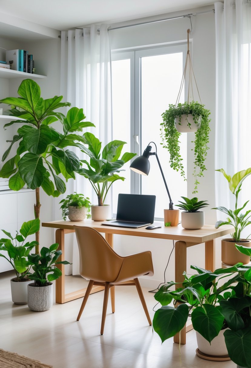 A modern home office with a wooden desk, laptop, and several green indoor plants near large windows letting in natural light.